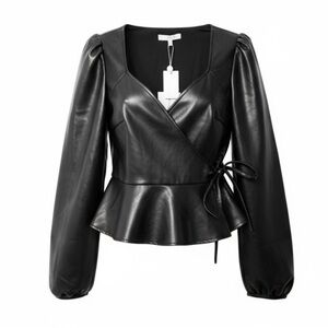 WAYF Women’s Y2K‎ Faux Leather Wrap Top Moto Wester Sz. Small Black Long Sleeve
